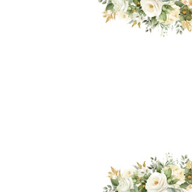 Yeşillik suluboya yaprak ve minimalist tarzda temiz çerçeve içeren düğün davetiyesi