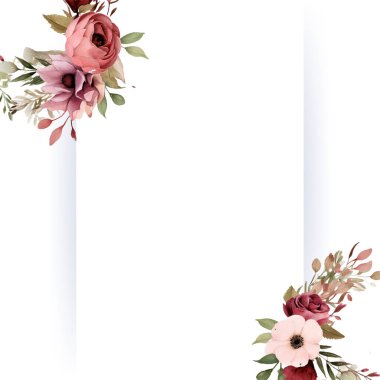 Çiçekli düğün davetiyesi seti. Donanma ve şeftali rengi güller ve yapraklar. Botanik kart tasarımı kavramı