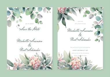 Çiçekli ve yapraklı güzel düğün davetiyesi şablonu