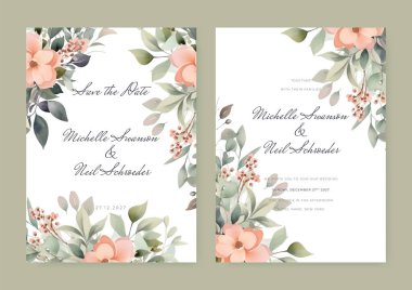 Suluboya ve çiçeklerle süslenmiş zarif bir düğün davetiyesi şablonu. Sosyal medya hikayeleri için çiçek arkaplanı, tarihi kaydet, selamlama, cevap, teşekkür ederim.