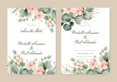 Çiçekli suluboya düğün davetiyesi şablonu ve süslemeleri