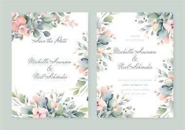 Çiçekli suluboya düğün davetiyesi şablonu ve süslemeleri