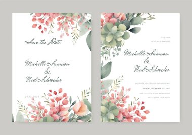 Düğün davetiyesi seti ve güzel çiçek tasarımı.