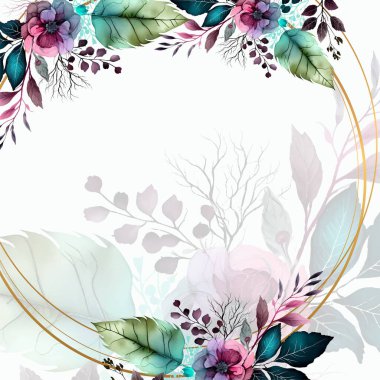 Renkli renkli çiçek vektörü güzel altın çiçek çizgileri düğün kartı şablonunda suluboya