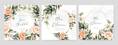 Renkli renkli çiçek vektörü suluboya düğün davetiyesi şablonu. Altın çiçeklerle süslenmiş.