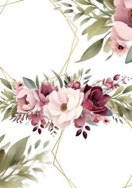 Renkli renkli çiçek vektörü güzel altın çiçek çizgileri düğün kartı şablonunda suluboya