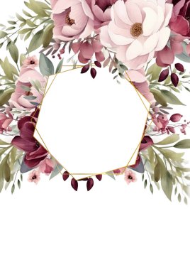 Renkli renkli çiçek vektörü suluboya düğün davetiyesi şablonu. Altın çiçeklerle süslenmiş.