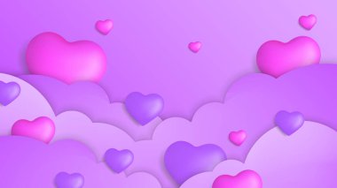 Mor menekşe sevgililer günü yeni yıl 3D tasarım arkaplan aşk kalp şeklinde balon. Vektör illüstrasyonu, tebrik pankartı, duvar kağıdı, el ilanı, poster, broşür, düğün davetiyesi