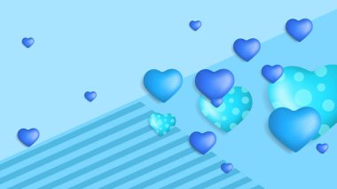 Mavi, mor, yeni yıl sevgililer günü 3D dizayn arkaplanı, aşk kalp şeklinde balon. Vektör illüstrasyonu, tebrik pankartı, duvar kağıdı, el ilanı, poster, broşür, düğün davetiyesi
