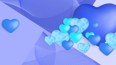 Mavi, mor, yeni yıl sevgililer günü 3D dizayn arkaplanı, aşk kalp şeklinde balon. Vektör illüstrasyonu, tebrik pankartı, duvar kağıdı, el ilanı, poster, broşür, düğün davetiyesi