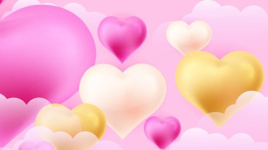 Kırmızı pembe ve altın rengi sevgililer günü yeni yıl 3D tasarım arkaplan aşk kalp şeklinde balon. Vektör illüstrasyonu, tebrik pankartı, duvar kağıdı, el ilanı, poster, broşür, düğün