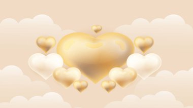 Bej rengi altın rengi pastel ve beyaz sevgililer günü yeni yıl 3D dizayn arkaplanı aşk kalbi şekilli balon. Vektör illüstrasyonu, tebrik pankartı, duvar kağıdı, el ilanı, poster, broşür, düğün