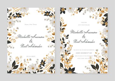 Suluboya ve çiçek desenli zarif düğün davetiyesi şablonu.