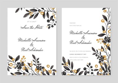 Suluboya ve çiçek desenli zarif düğün davetiyesi şablonu.