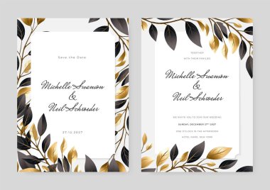 Zarif sonbahar botanik vektör tasarımı afiş, kapak ve davetiye için uygundur. Lüks sonbahar düğün davetiyesi şablonu. Altın çizgili suluboya kart, okaliptüs, dallar, yapraklar....