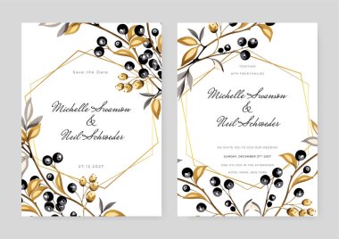 Romantik kurutulmuş çiçeklerle düğün davetiyesi şablonu ve süslemeler