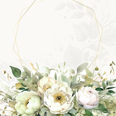 Renkli renkli çiçek vektörü suluboya düğün davetiyesi şablonu. Altın çiçeklerle süslenmiş.