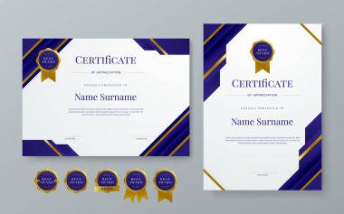 Mavi altın ve beyaz sertifika modern zarif ve şekilli lüks şablon. Takdir, başarı, ödül, diploma, şirket ve eğitim için