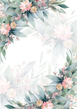 Renkli renkli çiçek vektörü suluboya düğün davetiyesi şablonu. Altın çiçeklerle süslenmiş.