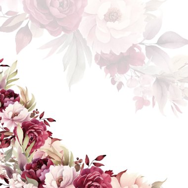 Renkli renkli çiçek vektörü suluboya düğün davetiyesi şablonu. Altın çiçeklerle süslenmiş.