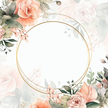 Renkli renkli çiçek vektörü suluboya düğün davetiyesi şablonu. Altın çiçeklerle süslenmiş.