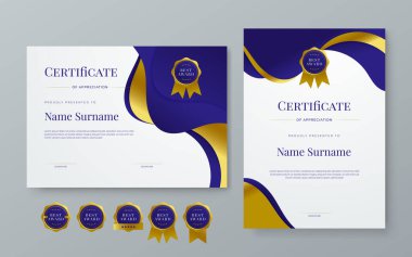 Mavi beyaz ve altın vektör ödül sertifikası kurumlar için modern soyut tasvirler. Takdir, başarı, ödül, eğitim, rekabet, diploma şablonu