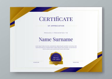 Şirket için mavi altın ve beyaz vektör modern zarif ve lüks sertifika şablonu. Ödül, iş, diploma, atölye, ödül, mezuniyet, tamamlama, rekabet ve eğitim için