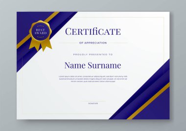 Mavi altın ve beyaz vektör modern lüks sertifika şablon tasarımı. Takdir, başarı, ödül, eğitim, rekabet, diploma şablonu