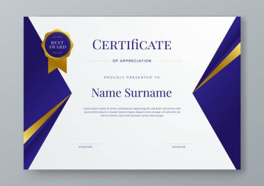 Mavi beyaz ve altın vektör düz ve kurumsal veya ödüller için gradyan modern sertifika şablonu. Takdir, başarı, ödül, diploma, şirket ve eğitim için