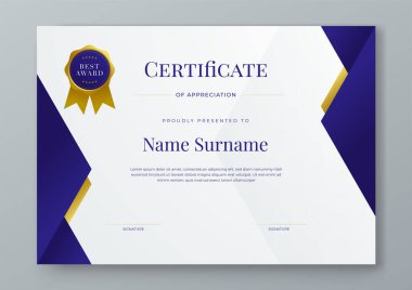 Mavi altın ve beyaz vektör modern lüks sertifika şablon tasarımı. Takdir, başarı, ödül, eğitim, rekabet, diploma şablonu