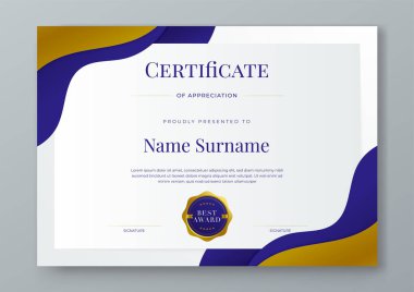 Lüks rozetli, modern çizgili ve şekilli kıymet bildirisine dair mavi beyaz ve altın sertifika. Başarı sertifikası, diploma, eğitim, okul
