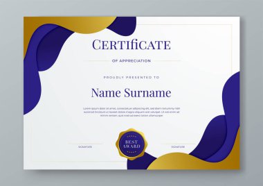 Şirket lüksü ve modern şablonun mavi beyaz ve altın sertifikası. Kurumsal başarı, diploma, ödül, mezuniyet, tamamlanma, takdir, takdir, tanınma vesaire için