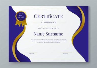 Mavi beyaz ve altın vektör ödül sertifikası kurumlar için modern soyut tasvirler. Takdir, başarı, ödül, eğitim, rekabet, diploma şablonu