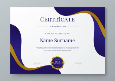 Lüks ve modern sertifika tasarım şablonlu mavi beyaz ve altın sertifika tasarımı. Başarı sertifikası, diploma, eğitim, okul