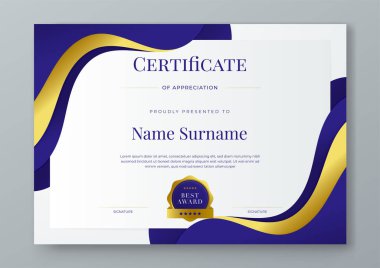 Şirket için mavi altın ve beyaz vektör modern zarif ve lüks sertifika şablonu. Ödül, iş, diploma, atölye, ödül, mezuniyet, tamamlama, rekabet ve eğitim için