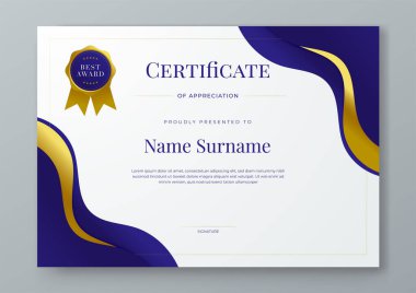 Mavi altın ve beyaz vektör modern lüks sertifika şablon tasarımı. Takdir, başarı, ödül, eğitim, rekabet, diploma şablonu