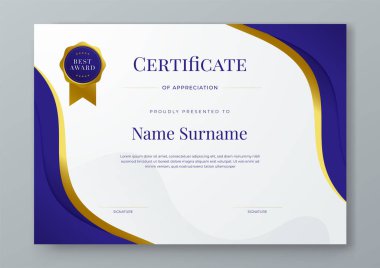 Mavi altın ve beyaz sertifika modern zarif ve şekilli lüks şablon. Takdir, başarı, ödül, diploma, şirket ve eğitim için