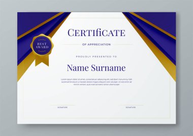 Mavi beyaz ve altın vektör düz ve kurumsal veya ödüller için gradyan modern sertifika şablonu. Takdir, başarı, ödül, diploma, şirket ve eğitim için