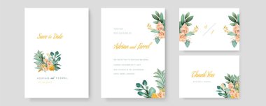 Çiçek süsü ve altın çerçeveli vektör düğün davetiyesi