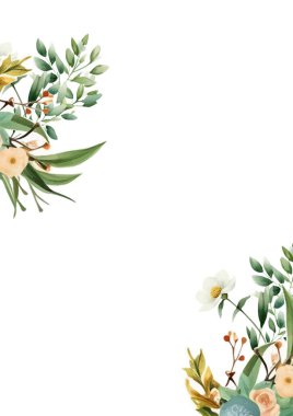 Düğün davetiyesi ve güzel yapraklı ve çiçekli menü şablonu