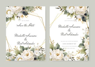 Vector suluboya düğün davetiyesi şablonu pembe ve bordo çiçekli ve süslemeli