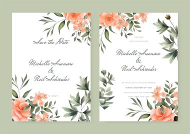 Kuru çiçekli altın sarısı suluboya çiçek düğün davetiyesi tasarımı şablonu