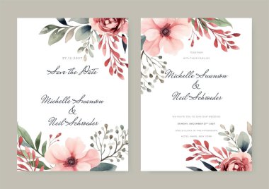 Vector suluboya düğün davetiyesi şablonu pembe ve bordo çiçekli ve süslemeli