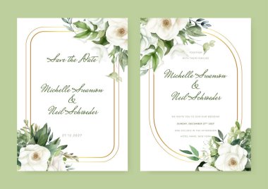 Yapraklı, gösterişli, çerçeveli ve kenarlı modern düğün davetiyesi şablonu. Tarihi kaydetmek için çiçek süsleme vektörü, selamlama, teşekkür ederim, RSVP, vs.