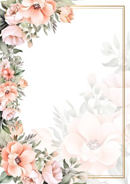 Renkli renkli çiçek vektörü güzel altın çiçek çizgileri düğün kartı şablonunda suluboya