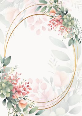 Renkli renkli çiçek vektörü güzel altın çiçek çizgileri düğün kartı şablonunda suluboya