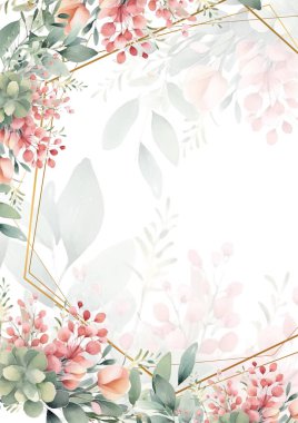 Renkli renkli çiçek vektörü güzel altın çiçek çizgileri düğün kartı şablonunda suluboya