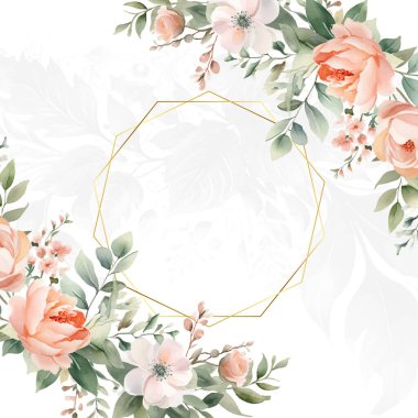 Renkli renkli çiçek vektörü güzel altın çiçek çizgileri düğün kartı şablonunda suluboya