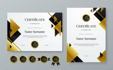 Şirket için siyah altın ve beyaz vektör modern zarif ve lüks sertifika şablonu. Ödül, iş, diploma, atölye, ödül, mezuniyet, tamamlama, rekabet ve eğitim için