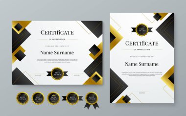 Siyah altın ve beyaz vektör modern lüks sertifika şablon tasarımı. Takdir, başarı, ödül, eğitim, rekabet, diploma şablonu